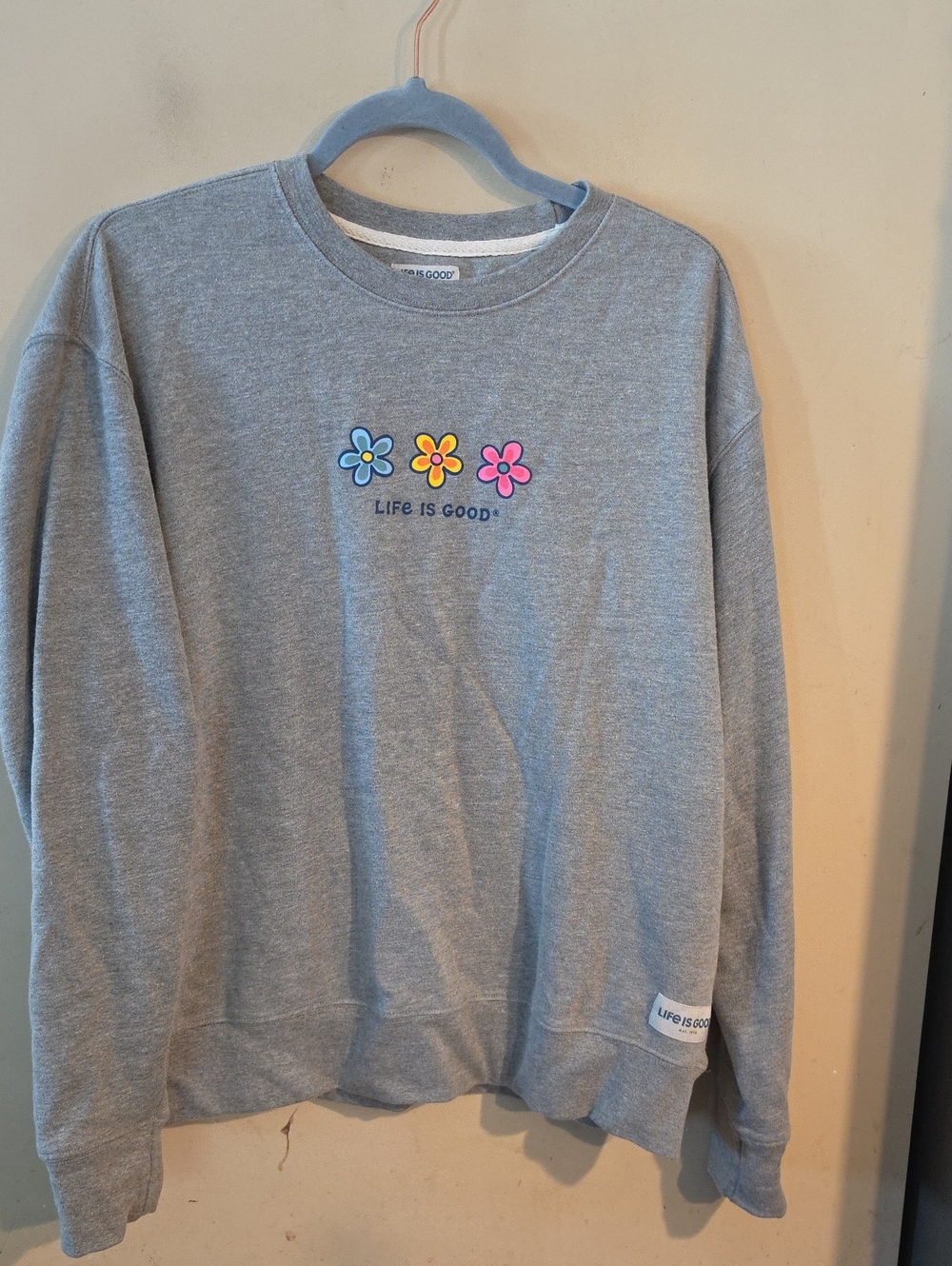Life Is Good Gray Crewneck with Colorful Flower Trio